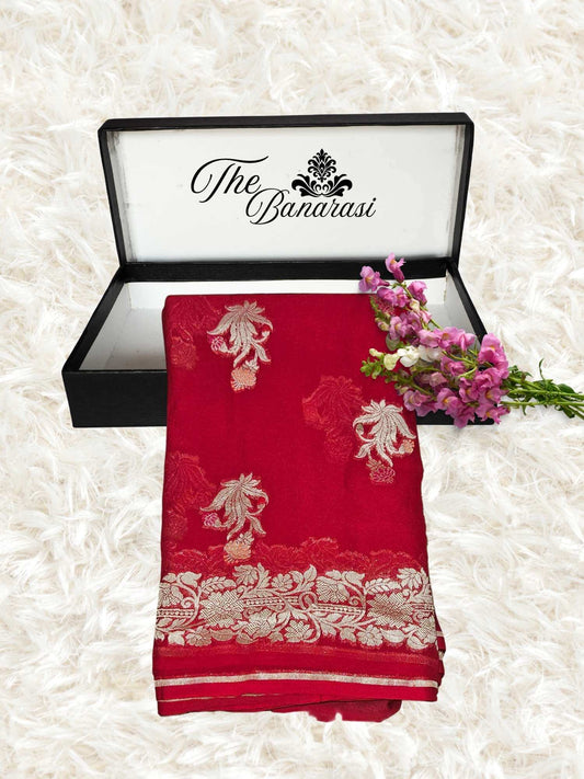 Scarlet Red Handwoven Traditional Khaddi Georgette Banarasi Saree with Meenakari Design - Partial View