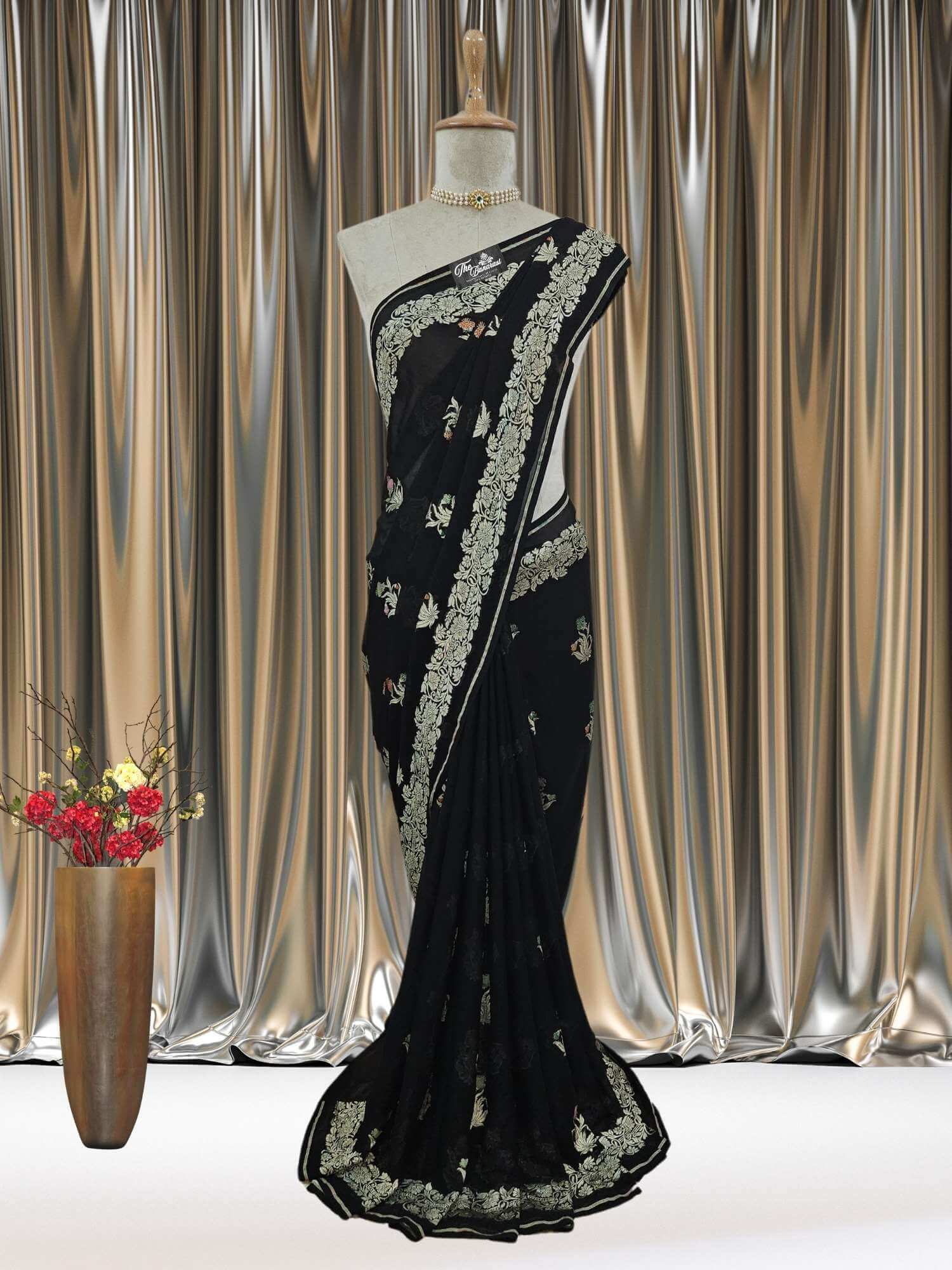 Mannequin wearing Black Handwoven Traditional Khaddi Georgette Banarasi Saree with Meenakari Design - Full View