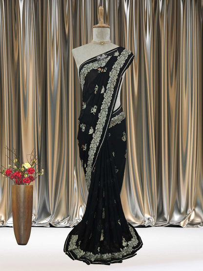 Mannequin wearing Black Handwoven Traditional Khaddi Georgette Banarasi Saree with Meenakari Design - Full View
