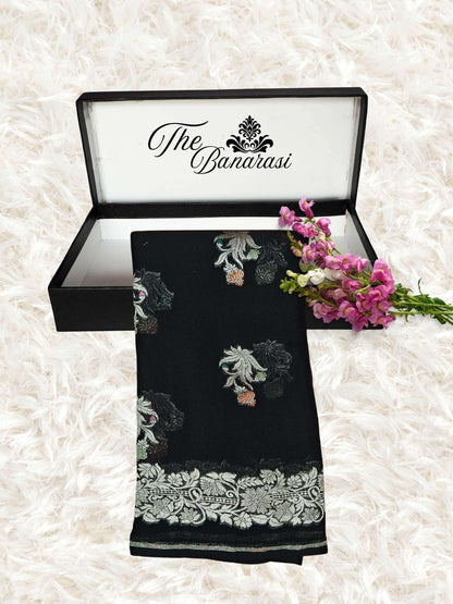 Black Handwoven Traditional Khaddi Georgette Banarasi Saree with Meenakari Design - Partial View