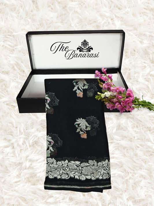 Black Handwoven Traditional Khaddi Georgette Banarasi Saree with Meenakari Design - Partial View