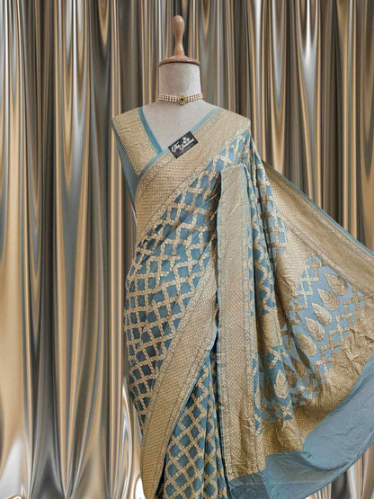 Sky Blue Khaddi Georgette Water Zari Banarasi Handloom Saree