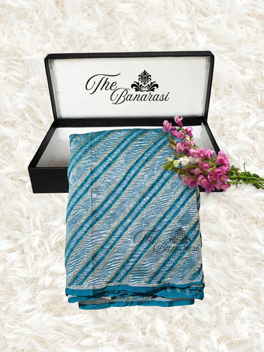 Teal Color Pure Crush Tissue Silk Banarasi Handloom Saree