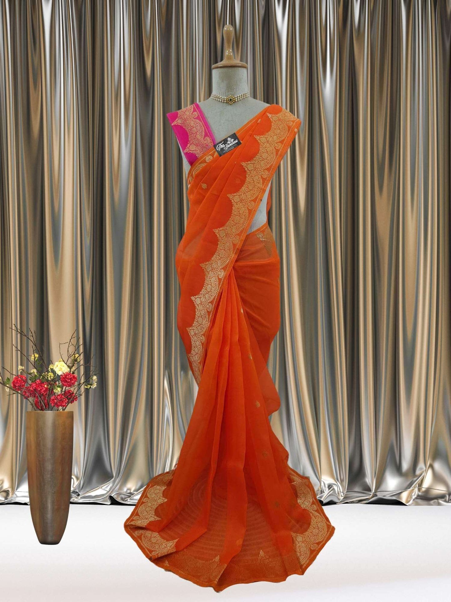 Orange Pure Kora Silk Sona Roopa Banarasi Handloom Saree