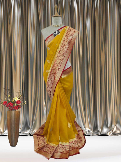 Mimosa Yellow Pure Kora Silk Water Zari Banarasi Handloom Saree