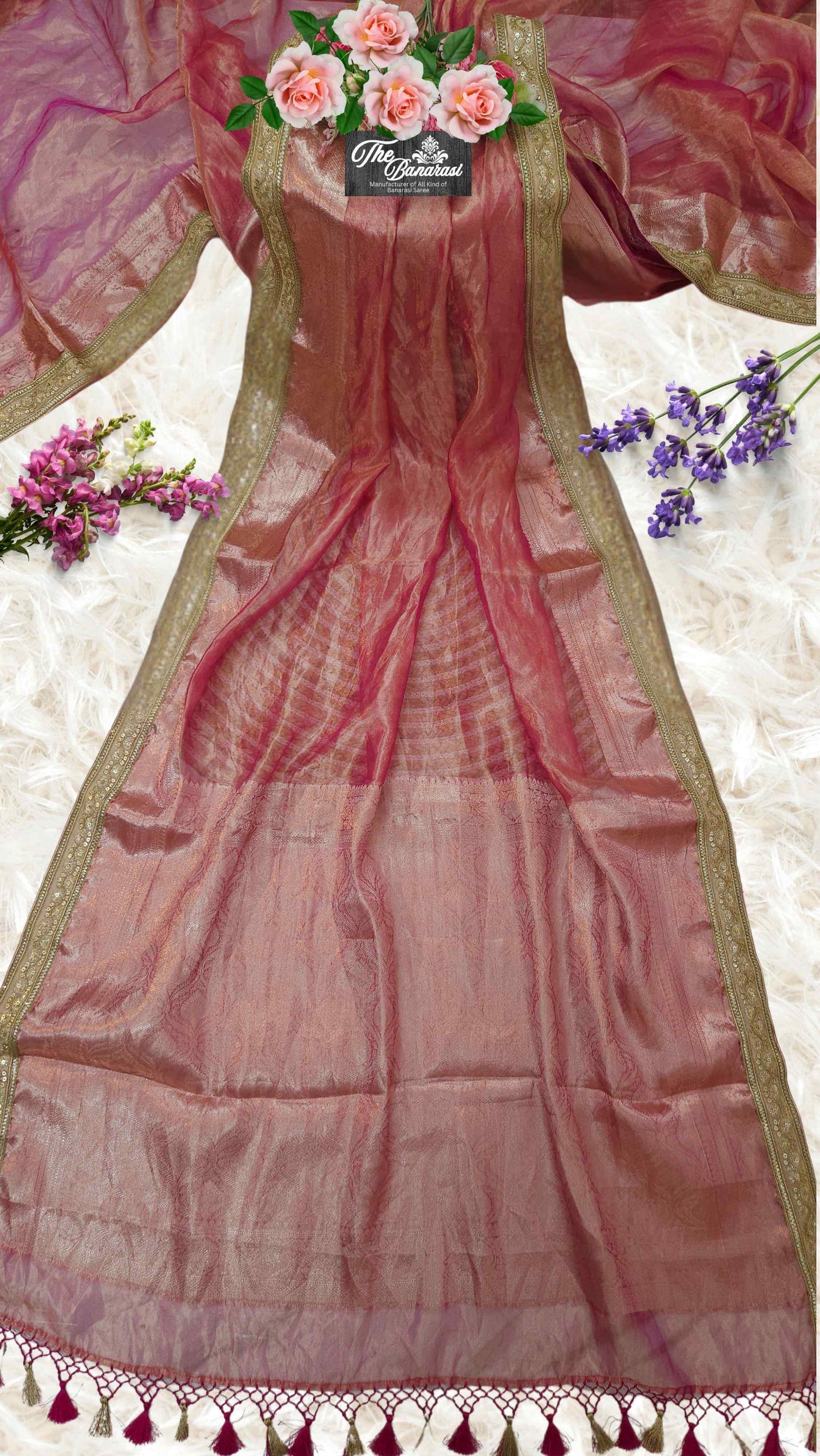 Luxury Rose Pink Handwoven Banarasi Tissue Silk Saree - Full View