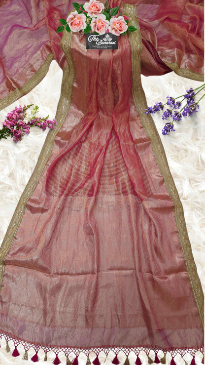 Luxury Rose Pink Handwoven Banarasi Tissue Silk Saree - Full View