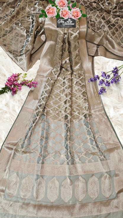 Luxury Army Green Handwoven Banarasi Tissue Silk Saree - Full View
