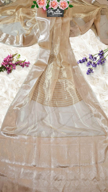 Luxury Golden Handwoven Banarasi Tissue Silk Saree - Full View