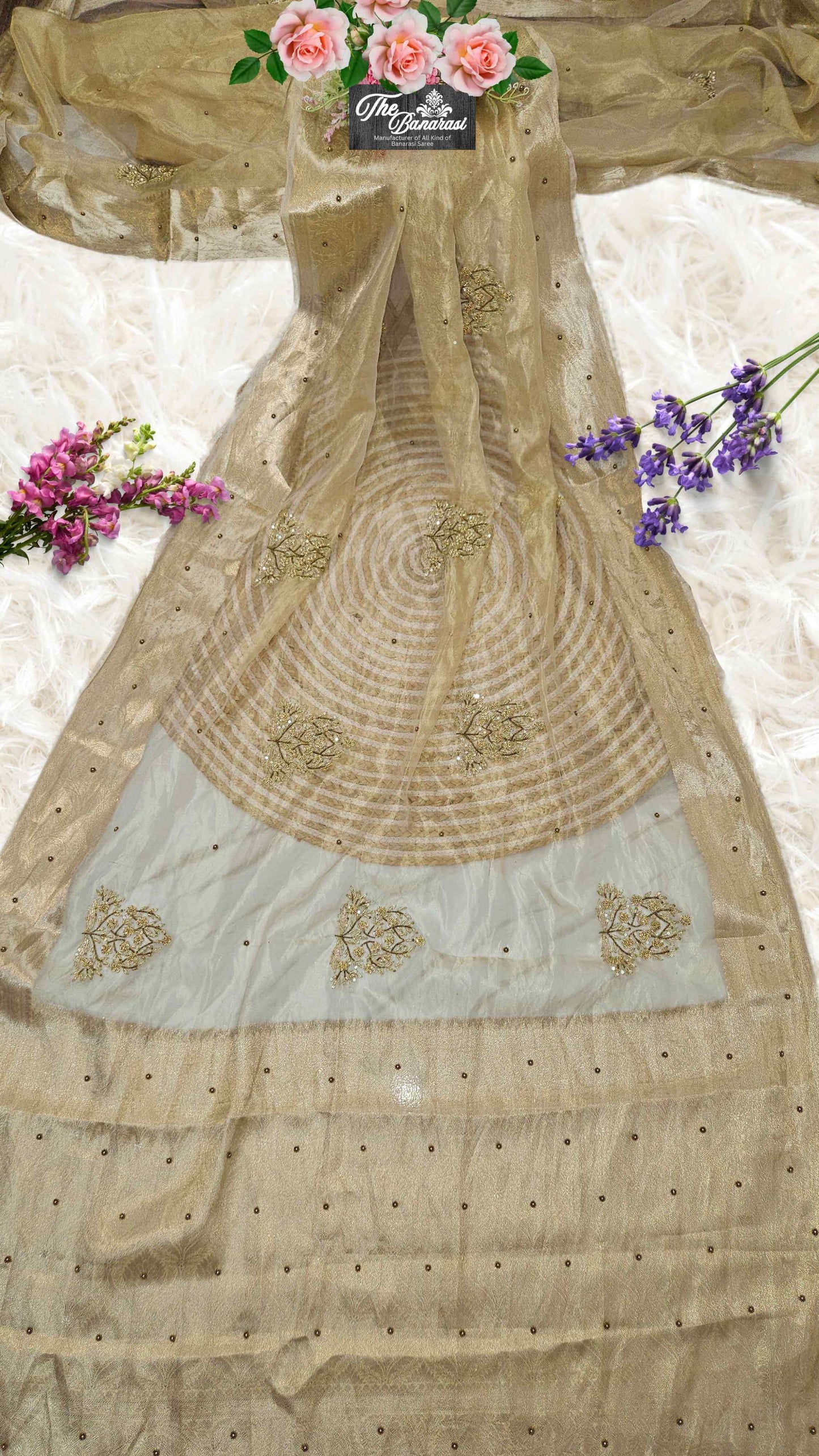 Luxury Cream Golden Handwoven Banarasi Tissue Silk Saree - Full View