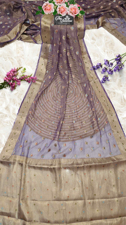 Luxury Violet Handwoven Banarasi Tissue Silk Saree - Full View