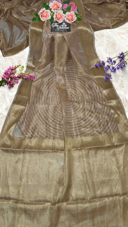 Luxury Light Golden Handwoven Banarasi Tissue Silk Saree - Full View