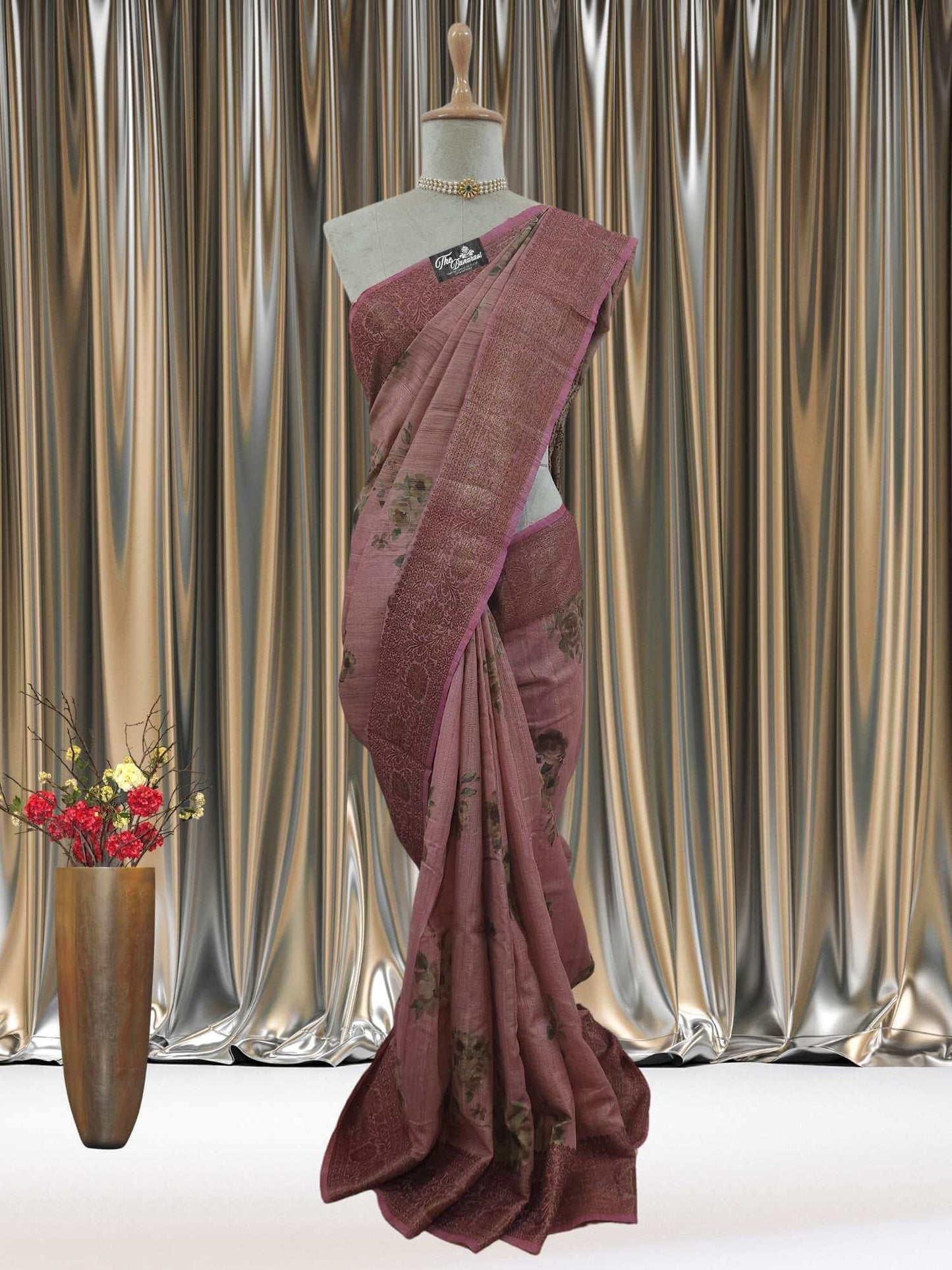 Rose Pink Pure Tussar Georgette Antique Zari Print  Banarasi Handloom Saree