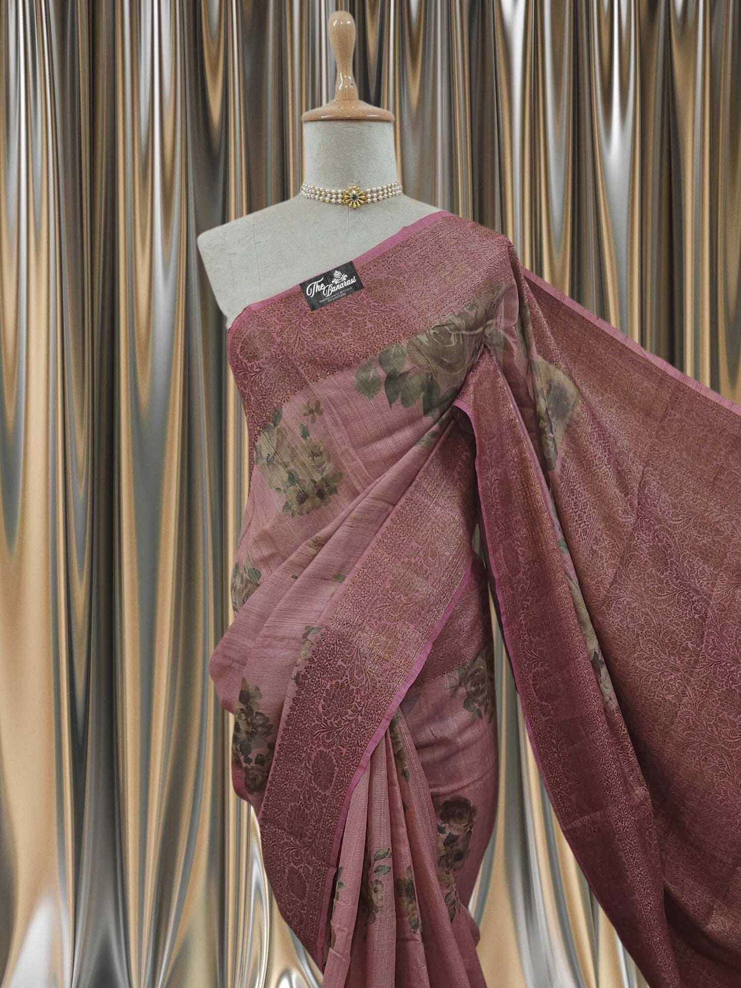 Rose Pink Pure Tussar Georgette Antique Zari Print  Banarasi Handloom Saree