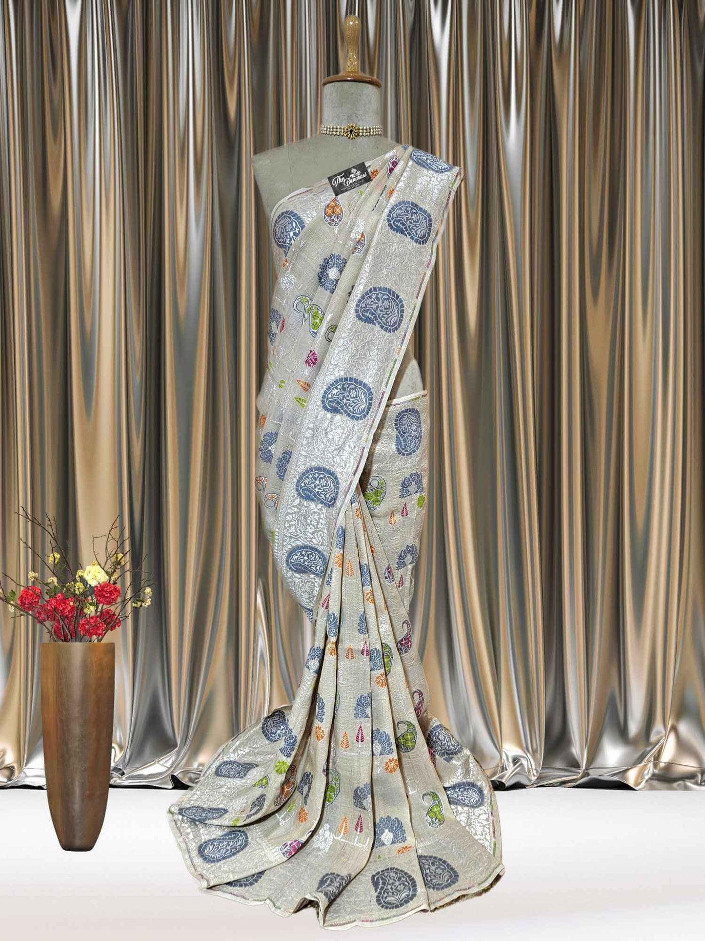 Off White Pure Tussar Georgette Meenakari Design Banarasi Handloom Saree