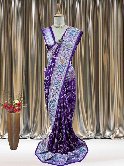 Purple Color Pure Tussar Georgette Meenakari Design Banarasi Handloom Saree