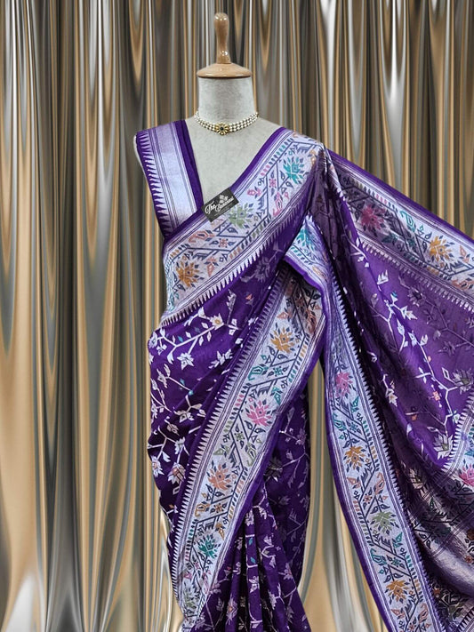 Purple Color Pure Tussar Georgette Meenakari Design Banarasi Handloom Saree