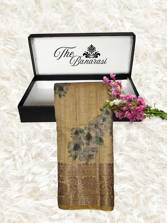 Golden Color Pure Tussar Georgette Meenakari Design Banarasi Handloom Saree