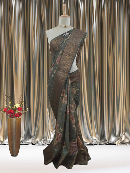 Hunter Green Pure Tussar Georgette Antique Zari Print Banarasi Handloom Saree