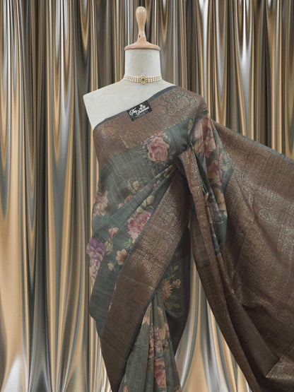 Hunter Green Pure Tussar Georgette Antique Zari Print Banarasi Handloom Saree