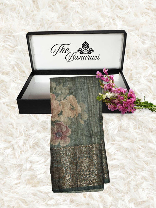 Hunter Green Pure Tussar Georgette Antique Zari Print Banarasi Handloom Saree