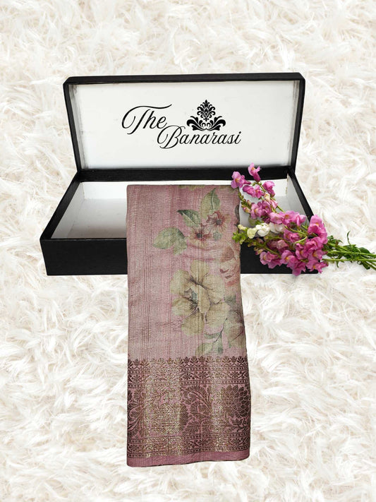 Rose Pink Pure Tussar Georgette Antique Zari Print  Banarasi Handloom Saree
