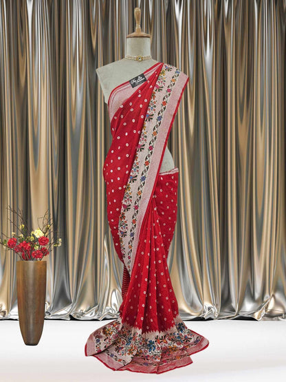 Red Color Pure Tussar Georgette Meenakari Design Banarasi Handloom Saree