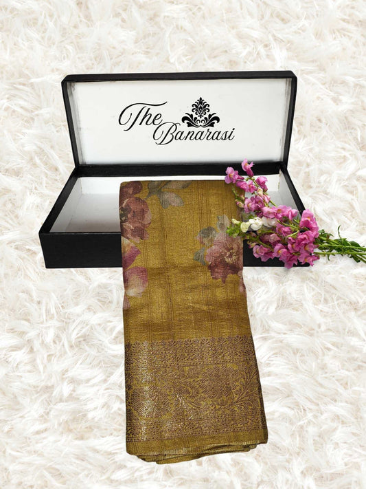 Mustard Color Pure Tussar Georgette Antique Zari Print Banarasi Handloom Saree