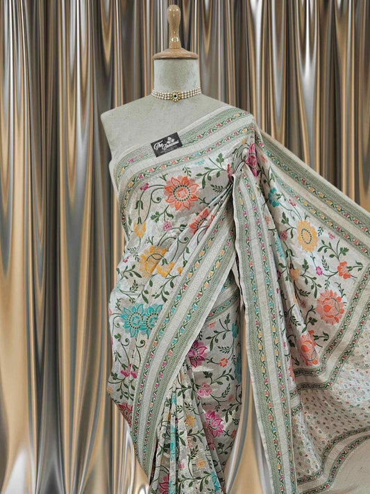Off White Pure Tussar Georgette Meenakari Design Banarasi Handloom Saree