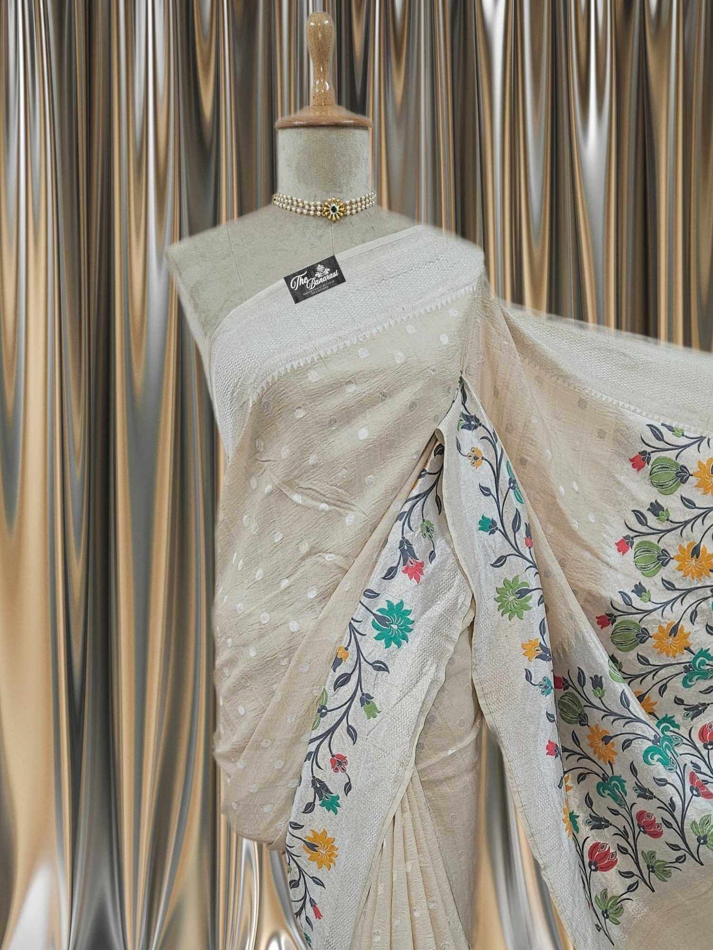 Off White Pure Tussar Georgette Meenakari Design Banarasi Handloom Saree