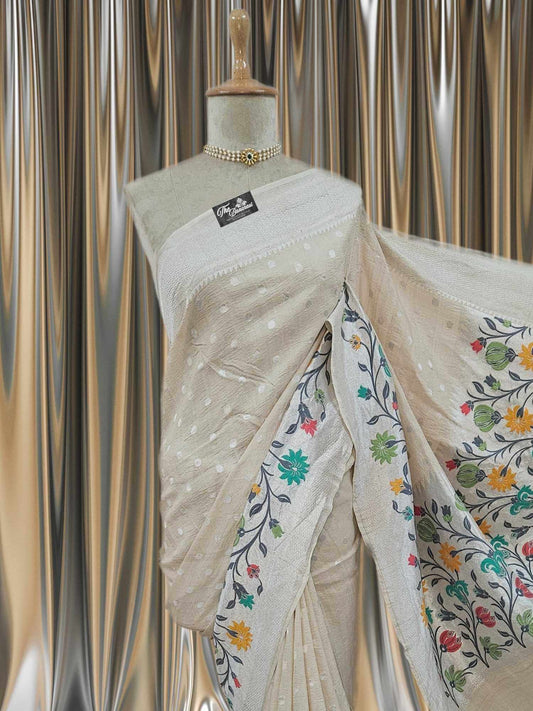 Off White Pure Tussar Georgette Meenakari Design Banarasi Handloom Saree