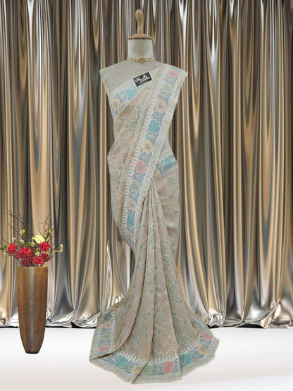 Beige Color Pure Tussar Georgette Meenakari Design Banarasi Handloom Saree