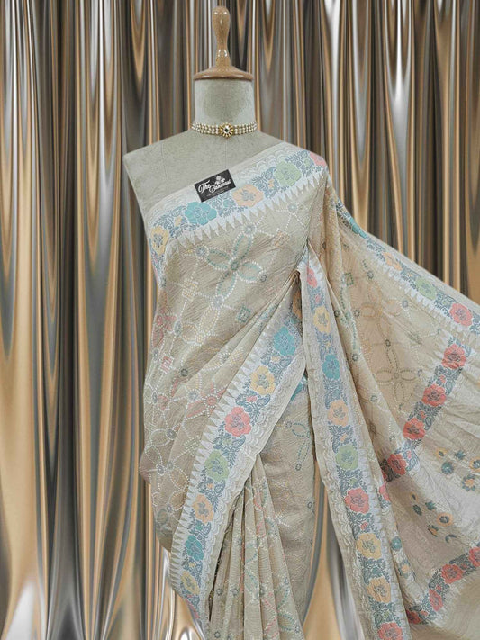 Beige Color Pure Tussar Georgette Meenakari Design Banarasi Handloom Saree