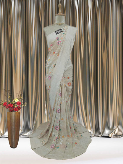 Cream Color Pure Tussar Georgette Meenakari Design Banarasi Handloom Saree