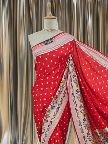Red Color Pure Tussar Georgette Meenakari Design Banarasi Handloom Saree