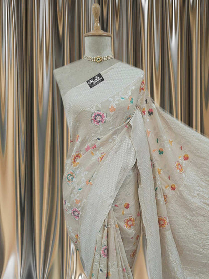 Cream Color Pure Tussar Georgette Meenakari Design Banarasi Handloom Saree