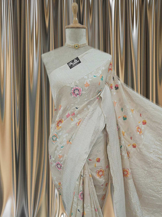 Cream Color Pure Tussar Georgette Meenakari Design Banarasi Handloom Saree