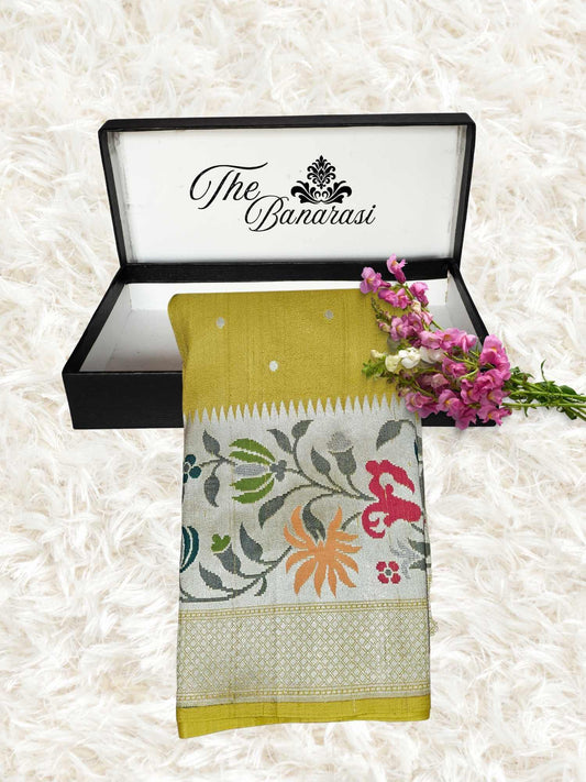 Citrine Yellow Pure Tussar Georgette Meenakari Design Banarasi Handloom Saree