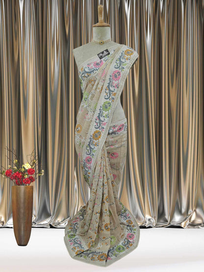 Beige Color Pure Tussar Georgette Meenakari Design Banarasi Handloom Saree