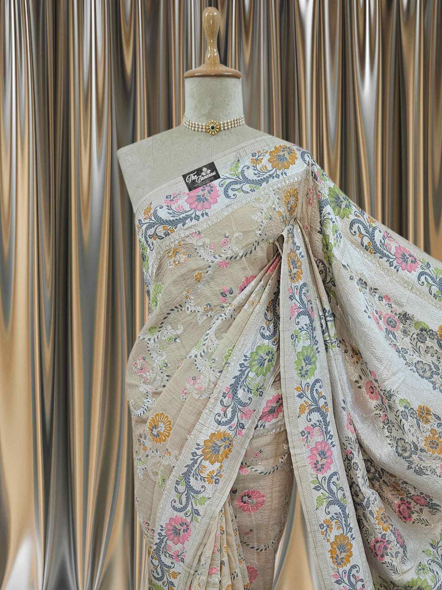Beige Color Pure Tussar Georgette Meenakari Design Banarasi Handloom Saree
