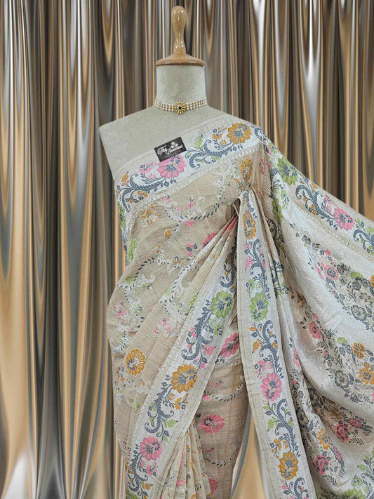 Beige Color Pure Tussar Georgette Meenakari Design Banarasi Handloom Saree