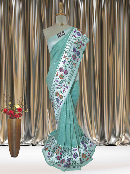 Sea Foam Pure Tussar Georgette Paithani Design Banarasi Handloom Saree