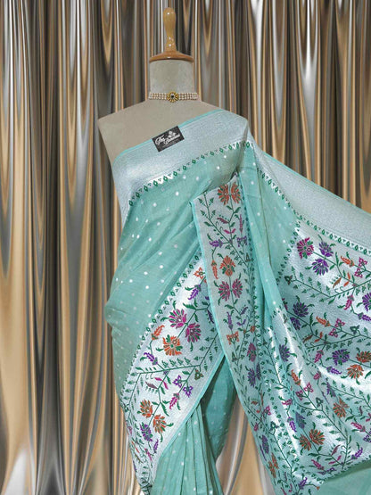 Sea Foam Pure Tussar Georgette Paithani Design Banarasi Handloom Saree