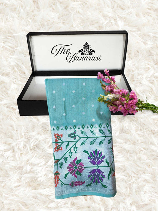 Sea Foam Pure Tussar Georgette Paithani Design Banarasi Handloom Saree
