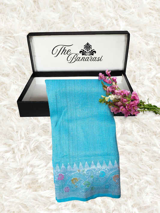 Sky Blue Pure Tussar Georgette Meenakari Design Banarasi Handloom Saree