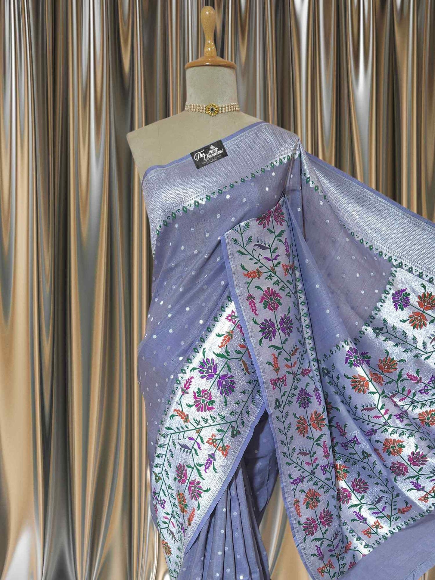 Slate Blue Pure Tussar Georgette Meenakari Design Banarasi Handloom Saree