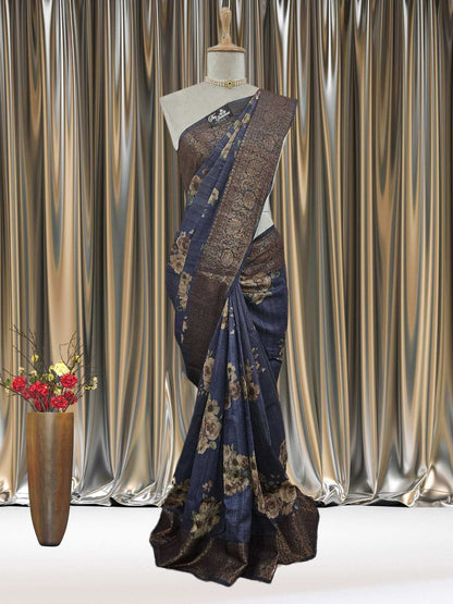 Blue Color Pure Tussar Georgette Antique Zari Print Banarasi Handloom Saree