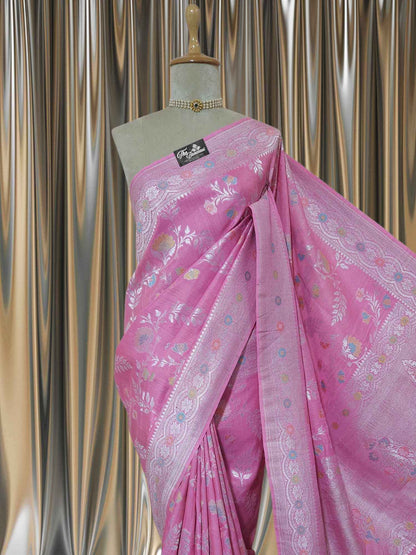 Neon Pink Pure Tussar Georgette Meenakari Design Banarasi Handloom Saree
