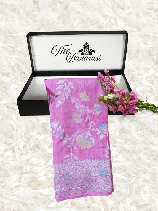Neon Pink Pure Tussar Georgette Meenakari Design Banarasi Handloom Saree