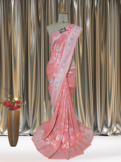 Coral Orange Pure Tussar Georgette Meenakari Design Banarasi Handloom Saree